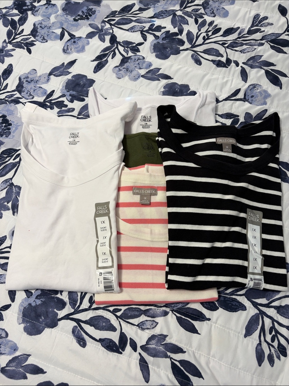 Falls Creek Women's Ribbed Tees - White, Olive, Black, Cream & Pink Stripes